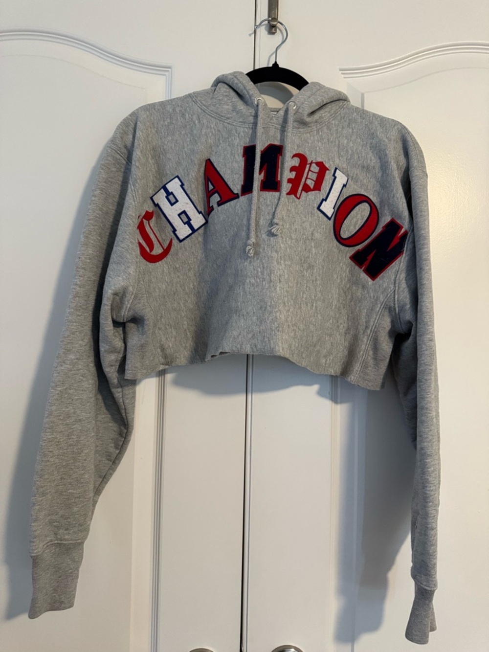 Champion Cropped Gray Hoodie with Red & Blue Arch Logo